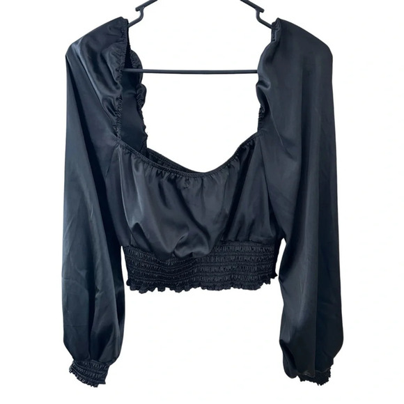 AFRM Satin Peasant Shirt Top Long Puff Sleeve Cropped Ruched Black Large Revolve - Picture 2 of 8